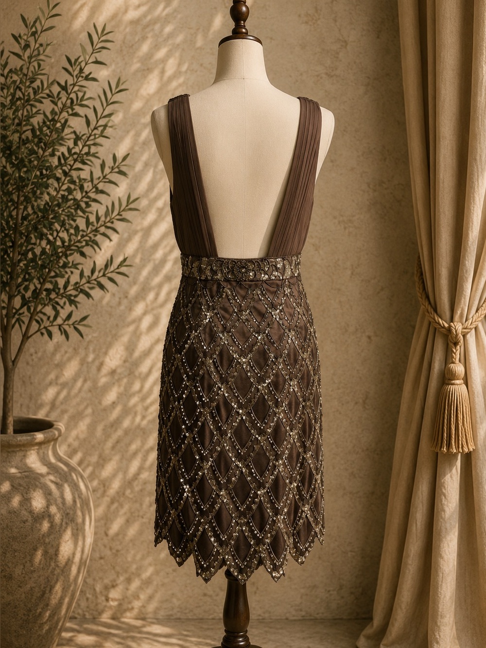 Sue Wong Nocturne Beaded Sequin Cocktail Dress Brown Art Deco Gatsby Size 14 - Picture 5 of 9